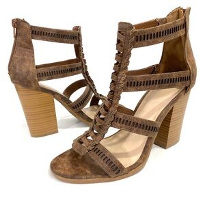 Fergalicious by Fergie Vellore Chunky Heel Sandals 9.5 M Distressed Brown Womens